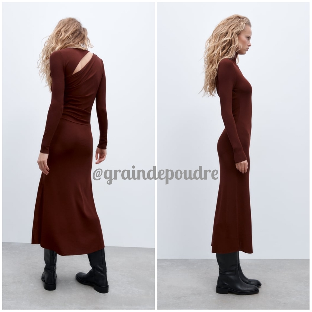 Rare! Zara Chocolate Brown Mock Neck Back Cutout Slit Knit Maxi Swing Dress S - Picture 3 of 6